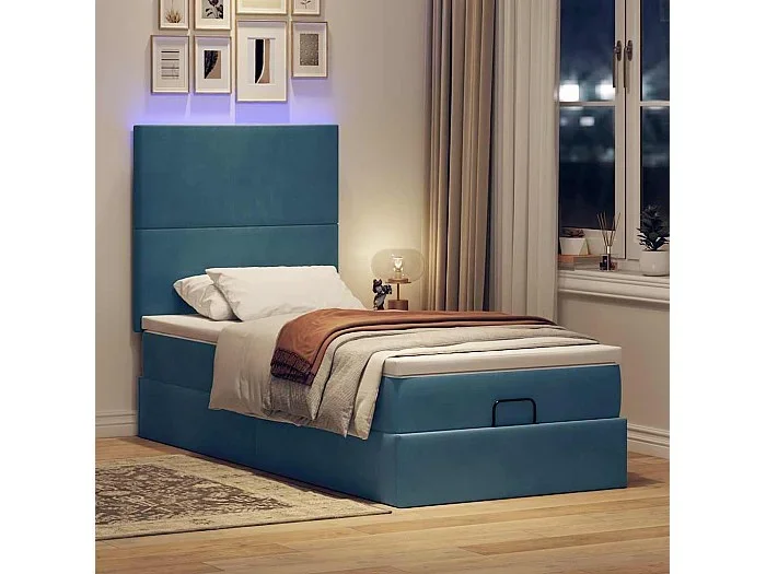 Estructura de cama otomana con colchones terciopelo azul oscuro