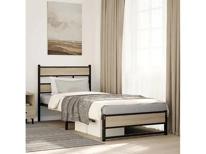 Estructura de cama sin colchón metal roble ahumado 100×190 cm