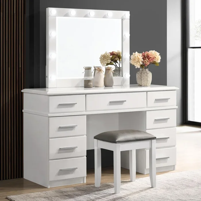 Felicity Glossy White 9-Drawer Vanity Desk with Lighted Mirror