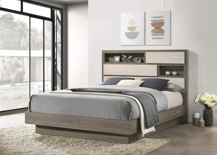 Fenwick Grey Oak Queen Bed Bookcase Headboard