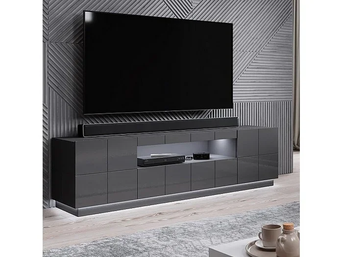 Flow gris brillante + LED soporte de TV de diseño de 184 cm – azul