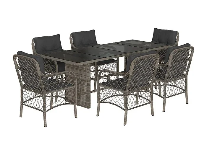 Fort Bragg Set comedor jardín 7 pzas y cojines ratán sintético gris