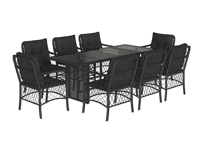 Fort Bragg Set de comedor de jardín 9 pzas y cojines ratán sintético negro