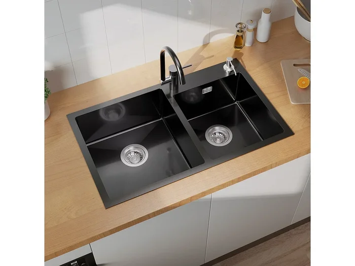Fregadero de Cocina de Inox Fregadero Doble Contenedor con 2 Agujeros de Montaje Fregadero Cocina Kit con Dispensador Jabón/Sifón,75x45x19cm,Negro