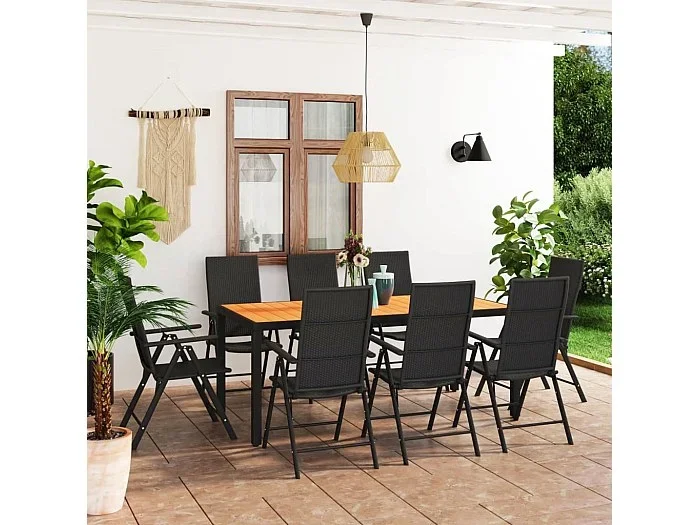 Garden Furniture – Juego de comedor de jardín 9 piezas negro y marrón