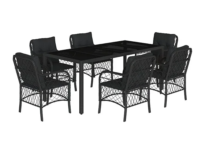 Harmelen Set de comedor de jardín 7 pzas y cojines ratán sintético negro