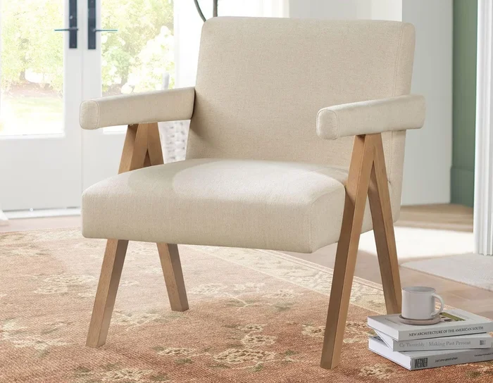 Helen Cream Fabric with Light Chestnut Wood Finish Accent Chair