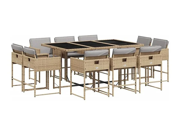 Heumen Set comedor de jardín 11 pzas con cojines ratán sintético beige