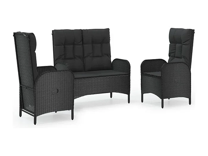 Holbaek Set comedor de jardín 3 pzas con cojines ratán sintético negro