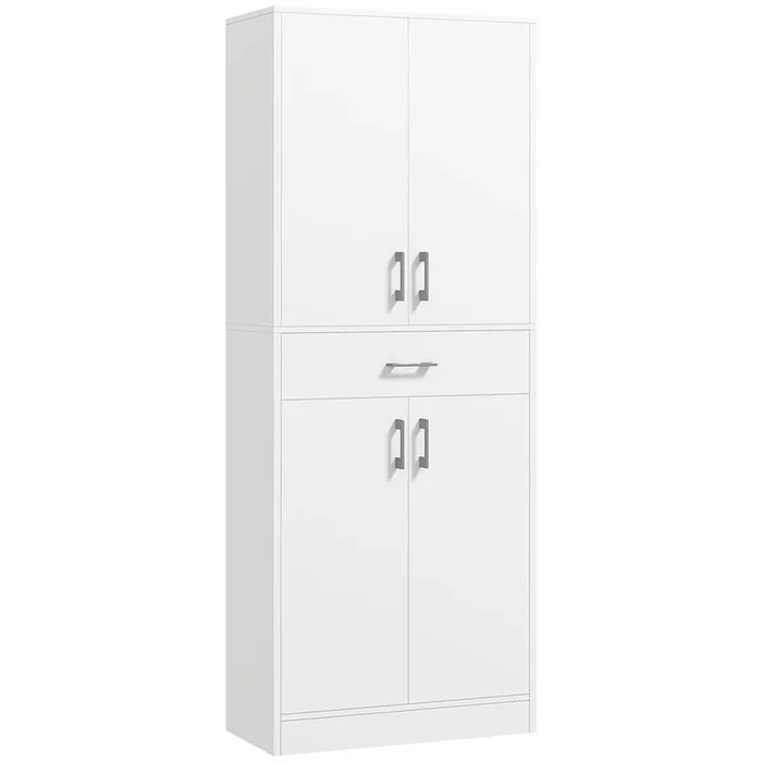 HOMCOM Alacena de Cocina con 4 Puertas 1 Cajón y Estantes Ajustables Antivuelco Armario de Cocina Moderno para Comedor Salón 70,8x34x180 cm Blanco y Plata