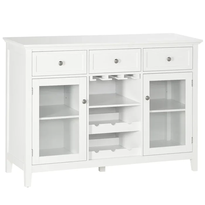 HOMCOM Aparador de Cocina con Botellero Mueble Buffet Auxiliar con 2 Puertas de Vidrio 3 Cajones Botellero para 6 Botellas y Estante para 15 Copas para Comedor Salón Antivuelco 120x40x87 cm Blanco