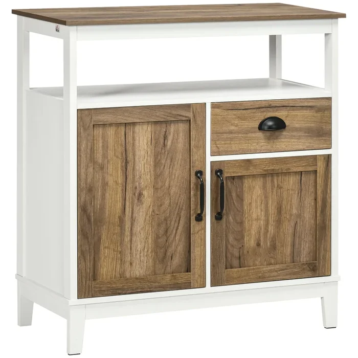 HOMCOM Aparador de Salón Armario Almacenaje de Madera con 2 Puertas Cajón y Estante Ajustable para Comedor Cocina Dormitorio 76,6x35x81,5 cm Blanco y Marrón