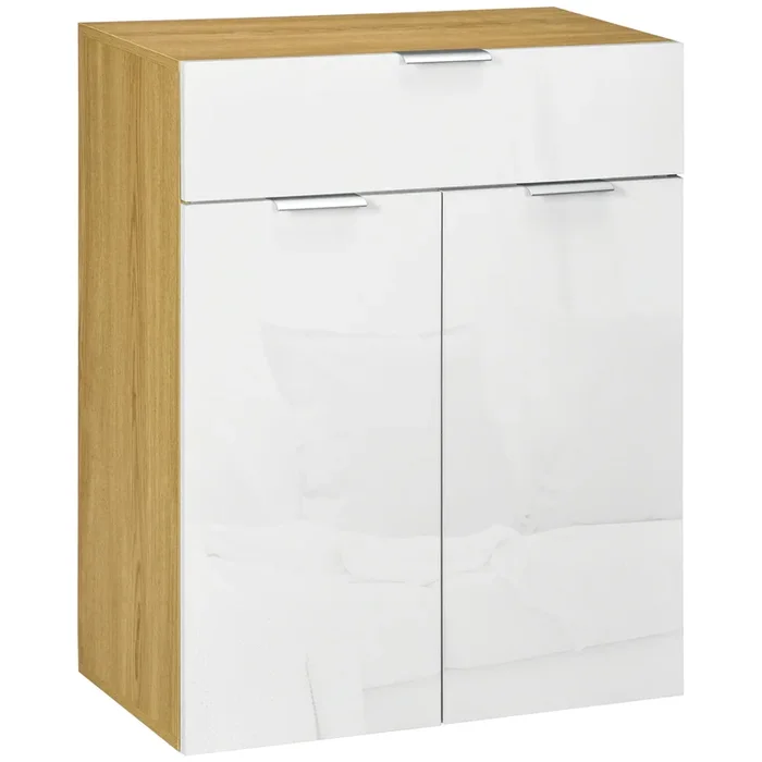 HOMCOM Aparador de Salón Armario Multiusos de Alto Brillo con Cajón 2 Puertas y Estantes Ajustables para Comedor Dormitorio 70x35x92 cm Blanco y Natural