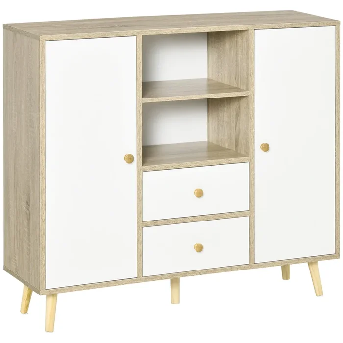HOMCOM Aparador de Salón con 2 Puertas 2 Cajones y 2 Estantes Abiertos Mueble Auxiliar de Almacenaje para Cocina Recibidor 100x30x85 cm Blanco y Natural
