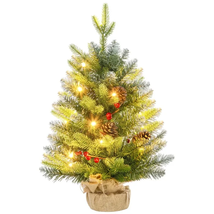 HOMCOM Árbol de Navidad 60 cm Árbol de Navidad Artificial Sobremesa con 20 Luces LED 141 Ramas 5 Piñas 5 Racimos de Bayas Rojas y Soporte de Metal Árbol Navideño para Interior Verde