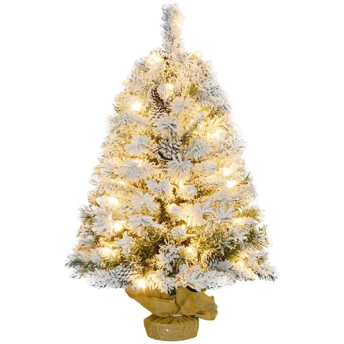 HOMCOM Árbol de Navidad 92 cm Árbol de Navidad Artificial Nevado con 50 Luces LED 133 Ramas 14 Piñas y Soporte de Metal Árbol Navideño para Salón Interior Verde
