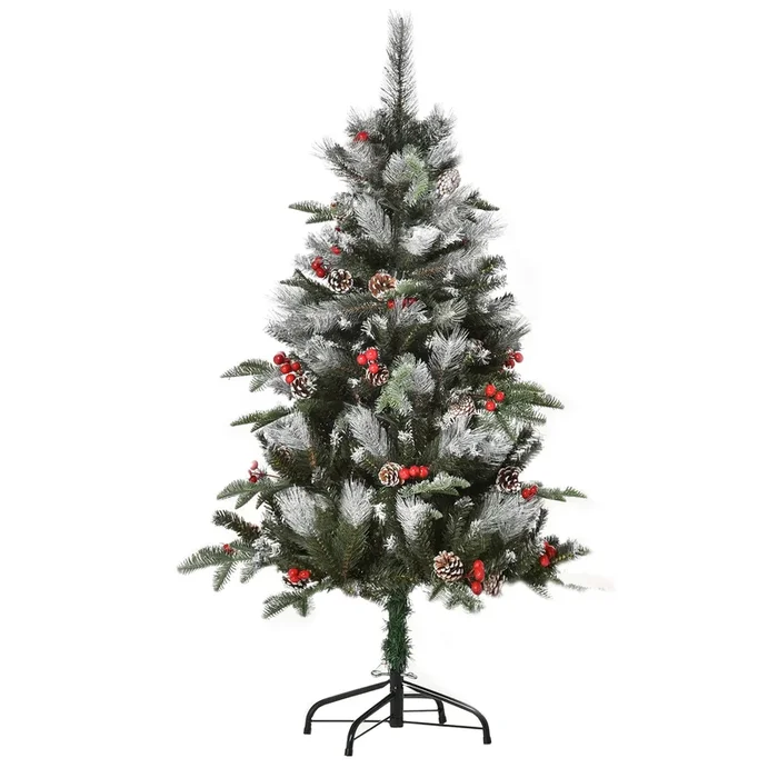 HOMCOM Árbol de Navidad Artificial 120 cm con 266 Ramas 27 Piñas y 27 Bayas Hojas de Plástico PE Base de Soporte Plegable Metálica Decoración Navideña para Interiores Verde