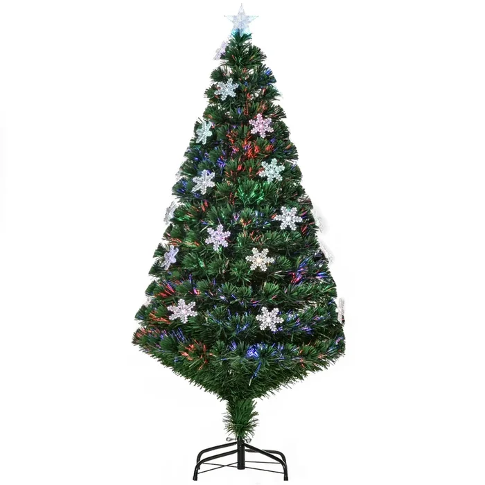 HOMCOM Árbol de Navidad Artificial Árboles de Abeto 150cm con Soporte Decoraciones Navideñas Copos de Nieve Fibra Óptica Brillante LED Multicolor Ignífugo