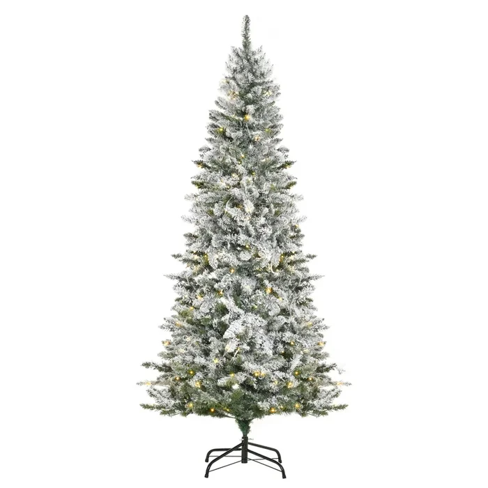 HOMCOM Árbol de Navidad Artificial con 250 Luces LED 210 cm Árbol Nevado con 829 Ramas y Base Plegable de Metal Decoración Navideña para Interiores Ø112×210 cm Verde