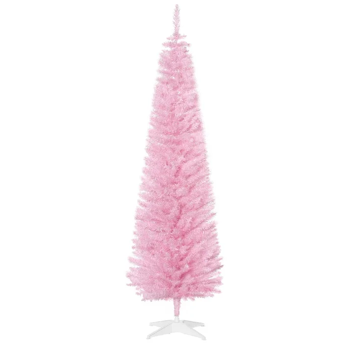 HOMCOM Árbol de Navidad Estrecho 180 cm, Árbol de Navidad Artificial con 390 Ramas, Base Desmontable y Soporte Metálico, Fácil Montaje, para Salón, Interior, Rosa