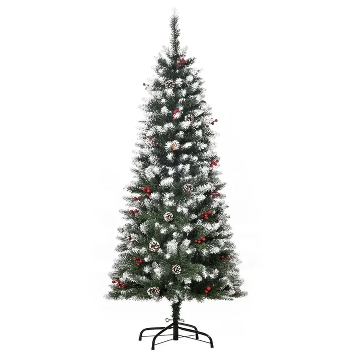 HOMCOM Árbol de Navidad Plegable 150 cm con Nieve 408 Ramas 25 Bayas 21 Piñas Hojas Apertura Automática y Soporte Metálico Decoración Navideña para Interior Verde