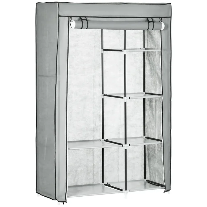 HOMCOM Armario de Tela, Armario Portátil, con Barra para Colgar, 6 Estantes, Marco de Acero, para Dormitorio, Vestidor, 103x43x162,5 cm, Gris Claro