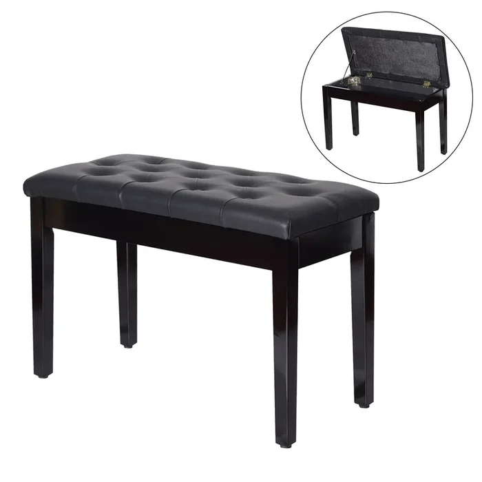 HOMCOM Banco de Piano con Almacenamiento, Banqueta de Piano con Asiento de Cuero Sintético, Patas de Madera, Carga Máxima 200 kg, 76x36x50 cm, Negro