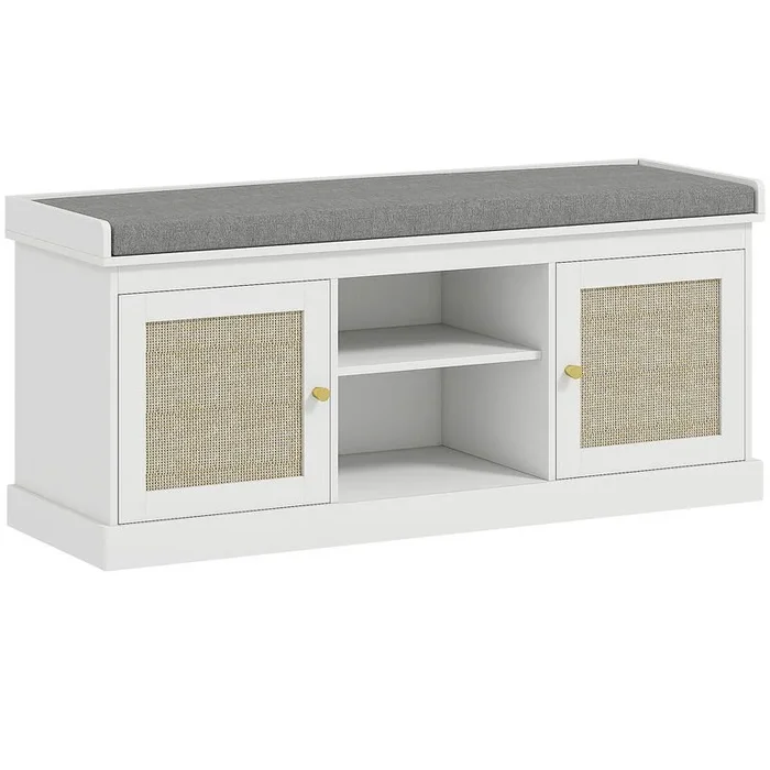 HOMCOM Banco Zapatero Mueble Zapatero Banco Recibidor Bohemio con Asiento Acolchado Puertas Frentes de Ratán Estante Abierto Estante Ajustable para 9 Pares de Zapatos para Entrada 105x35x47 cm Blanco