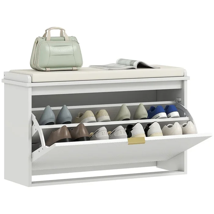 HOMCOM Banco Zapatero Mueble Zapatero Estrecho Banco Recibidor con Asiento Acolchado Cajón Abatible y Panel de Tablillas para 8 Pares de Zapatos para Entrada Dormitorio 80x26x47,5 cm Blanco