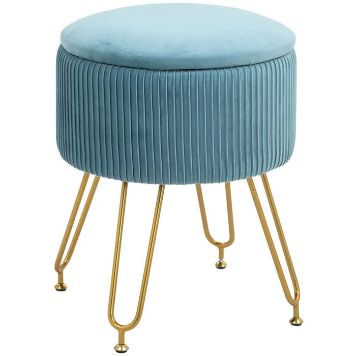 HOMCOM Baúl de Almacenaje para Dormitorio Puff Almacenaje Tapizado en Terciopelo Banco de Almacenaje con Patas de Acero para Pasillo Salón Ø40×48 cm Azul Claro