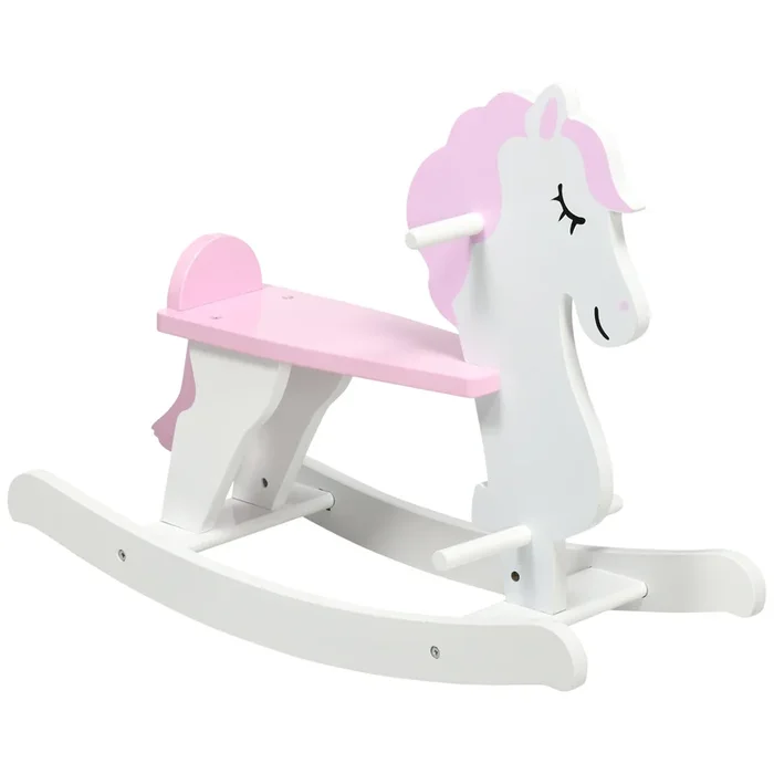 HOMCOM Caballito Balancín para Niños de 1-3 Años Caballo Mecedora de Madera con Manillar y Pedales Carga 50 kg 68x27x46,5 cm Blanco y Rosa