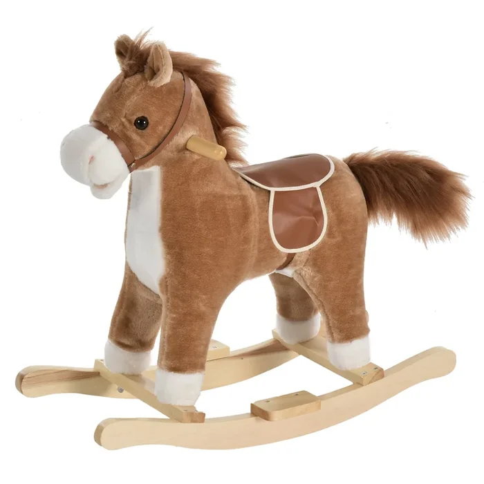 HOMCOM Caballo Balancín para Bebé Mayores de 36 Meses Juguete Balancín de Felpa Suave con Música Relinchos Sonidos de Galope Boca y Cola Móviles 65×32,5×61 cm Marrón