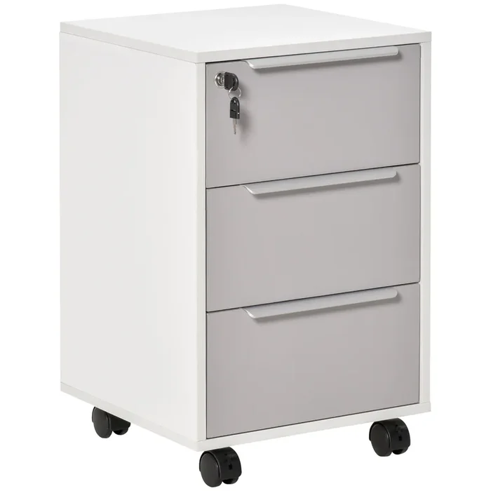 HOMCOM Cajonera de Escritorio con 3 Cajones Cajonera de Oficina con Ruedas Cerradura y 2 Llaves Archivador Móvil para Estudio Salón 40x40x63,5 cm Blanco y Gris