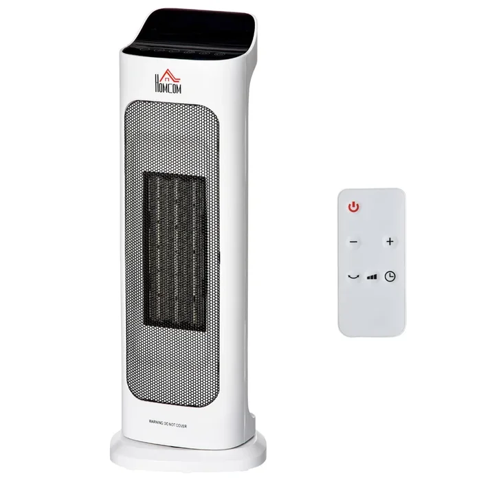 HOMCOM Calefactor Cerámico 1000W/2000W con Mando a Distancia Pantalla LED 3 Modos de Viento Temporizador de 8H Termostato y Oscilación 42° para 25 m² 17,6×13,7×50 cm Blanco