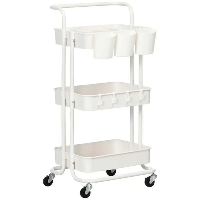 HOMCOM Carrito Auxiliar con Ruedas de 3 Niveles Carrito de Cocina con Mango 3 Cestas de Malla y 3 Cajas Colgantes Carro de Almacenamiento para Baño Salón 42x38x86,5 cm Blanco