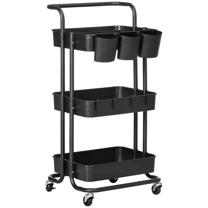 HOMCOM Carrito Auxiliar con Ruedas de 3 Niveles Carrito de Cocina con Mango 3 Cestas de Malla y 3 Cajas Colgantes Carro de Almacenamiento para Baño Salón 42x38x86,5 cm Negro