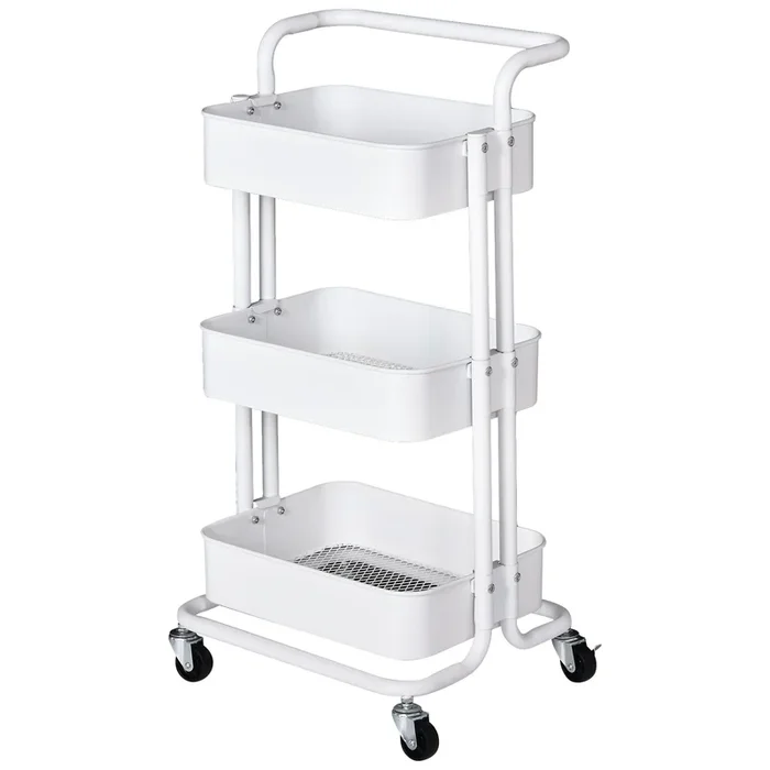 HOMCOM Carrito Auxiliar de 3 Niveles con Ruedas y 3 Baldas Malla Metálica para Cocina Oficina Baño Carro Multiuso de Almacenamiento con Pasamanos Carga de 45kg Blanco 43x36x83cm
