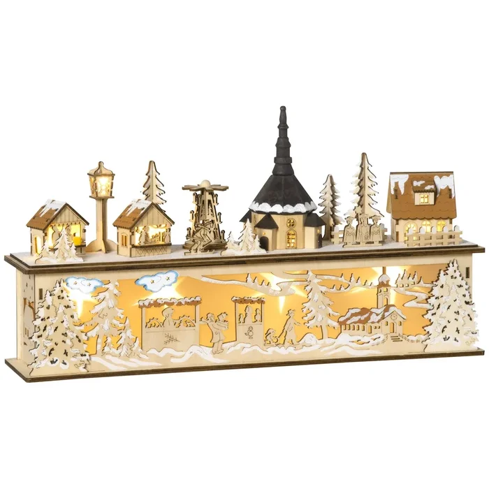 HOMCOM Casa de Pueblo Navideño con 10 Luces Escena Navideña Iluminado Decoración Navideña para Escritorio Mesa Chimeneas 45x10x25 cm Natural