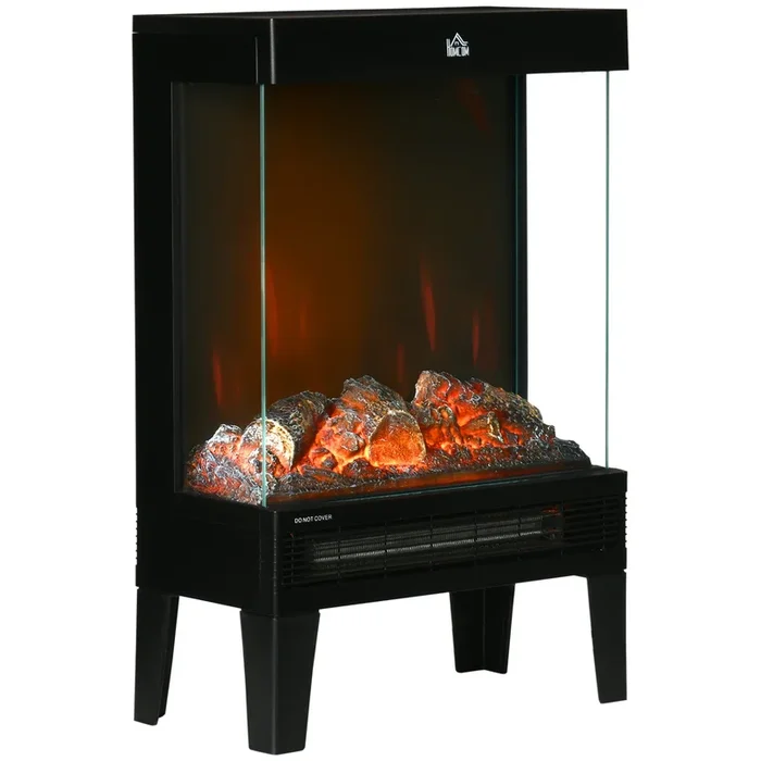 HOMCOM Chimenea Eléctrica 1000W/2000W Chimenea Decorativa de Pie con Llama LED Ajustable Termostato y Protección contra Sobrecalentamiento hasta 15-20 m² Negro