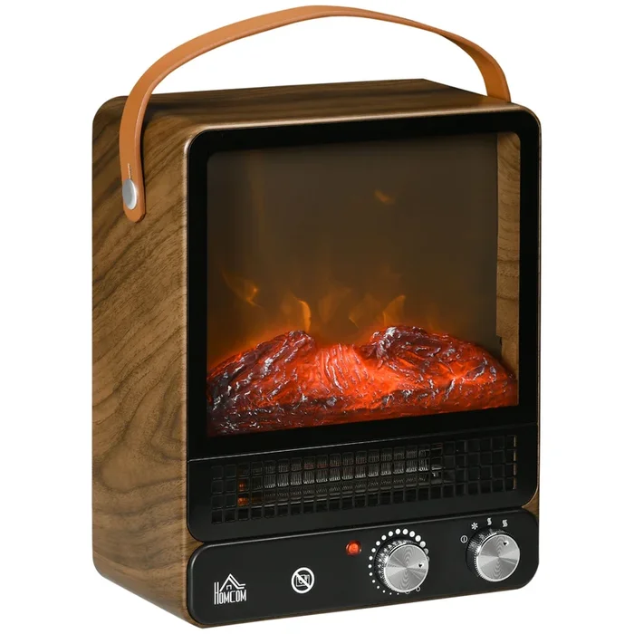 HOMCOM Chimenea Eléctrica 750W/1500W Calentador de Chimenea con Efecto de Llama Realista Asa Portátil y Protección contra Sobrecalentamiento hasta 20 m² 30,3×17,5×37,4 cm Nogal Oscuro