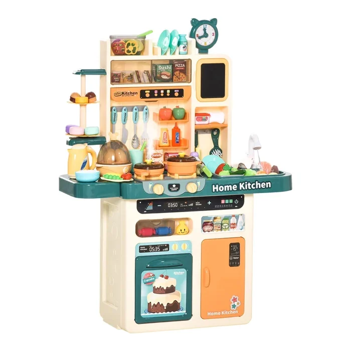 HOMCOM Cocina de Juguete para Niños de +3 Años con 113 Accesorios Luz Sonidos Agua Vapor Pizarra Fregadero Incluidos Cocinita Infantil Educativa 70x32x92,2 cm Multicolor