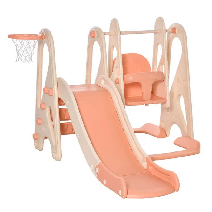 HOMCOM Columpio y Tobogán para Niños de +18 Meses Canasta de Baloncesto 3 en 1 con Asiento Ajustable Parque Infantil Interior y Exterior 158x117x97 cm Coral