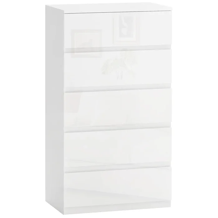 HOMCOM Cómoda con 5 Cajones Cómoda de Dormitorio Moderno con Diseño Anti-vuelco Cajonera para Salón Pasillo 55x33x100 cm Blanco Brillante