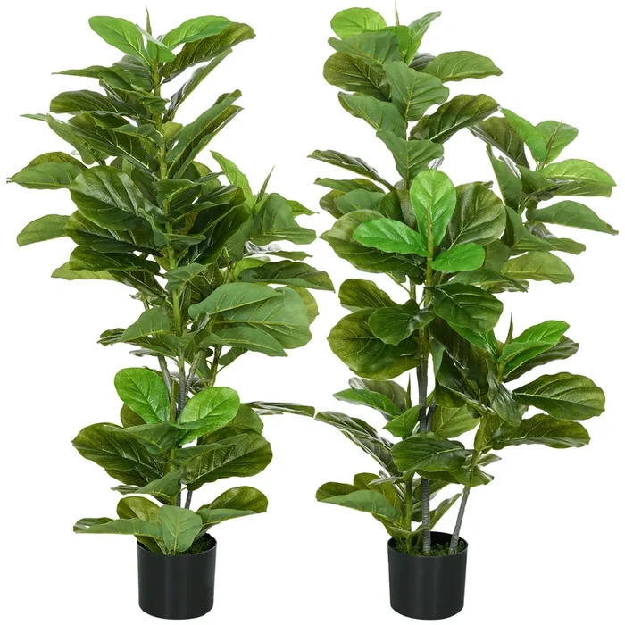 HOMCOM Conjunto de 2 Plantas Artificiales Decorativas 110×15 cm Árboles Artificiales de Ficus con 90 Hojas y Macetas para Interior Decoración para Sala de Estar Oficina Verde