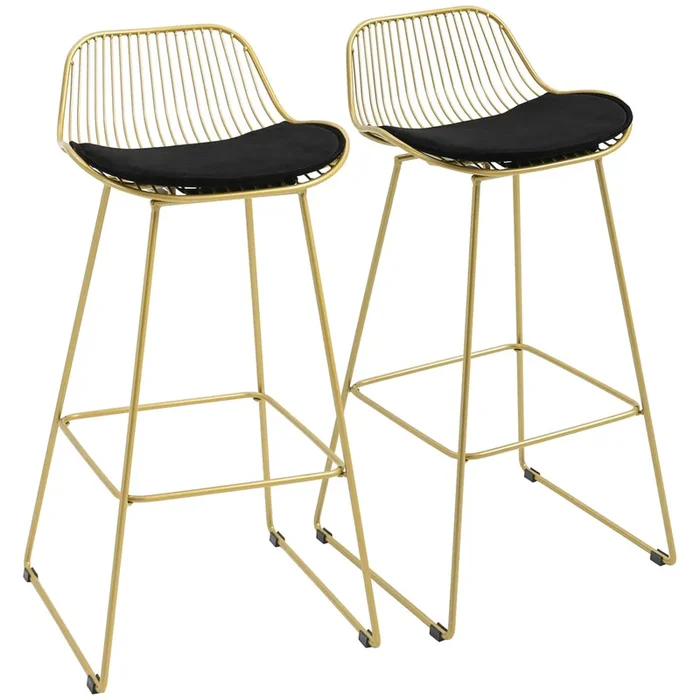 HOMCOM Conjunto de 2 Taburetes Altos de Cocina Sillas Altas de Cocina con Respaldo Cojín Estructura de Acero y Reposapiés Carga 120 kg para Bar Salón Comedor 46,5x48x93 cm Dorado