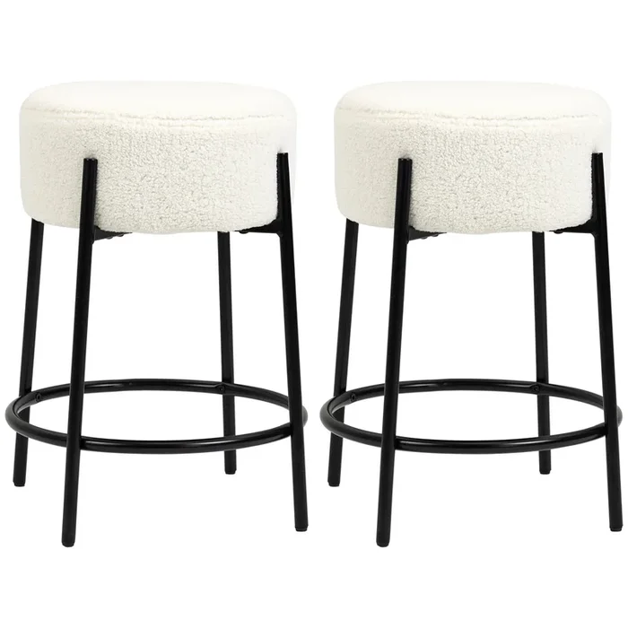 HOMCOM Conjunto de 2 Taburetes Altos de Cocina Tapizado en Borreguito Sillas Altas de Cocina sin Respaldo Carga 120 kg para Bar Salón Comedor Blanco