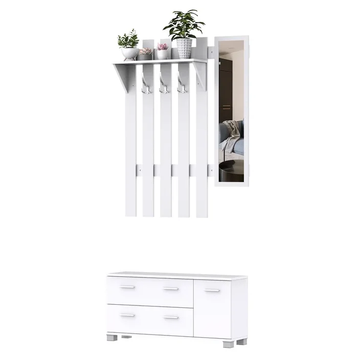 HOMCOM Conjunto de Recibidor de Entrada con Espejo Perchero y Zapatero Muebles de Entrada con 3 Ganchos Estante y 2 Cajones para Pasillo Blanco