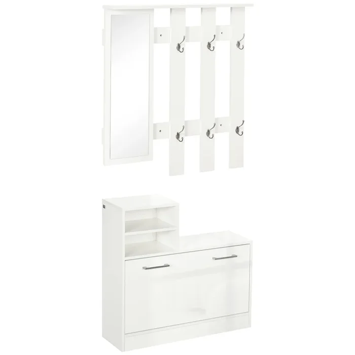 HOMCOM Conjunto de Recibidor de Entrada con Espejo Perchero y Zapatero Muebles de Entrada con 6 Ganchos y Estantes para 8 Pares de Zapatos para Pasillo Blanco Brillante
