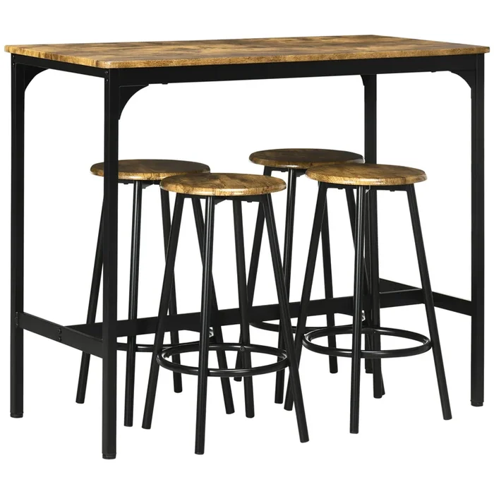 HOMCOM Conjunto Mesa Alta de Cocina con 4 Taburetes, Mesa de Bar Alta, Ahorro de Espacio, para Pisos Pequeños, Cocina, Comedor, Balcón o Isla Cocina 110x50x89,5 cm Marrón Rústico