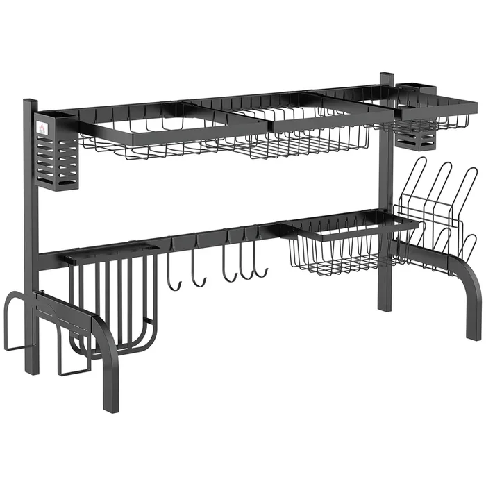 HOMCOM Escurreplatos sobre Fregadero de Acero Escurridor de Platos de 2 Niveles con Soporte para Tabla de Cortar Soporte de Cubiertos 100x30x52,5 cm Negro